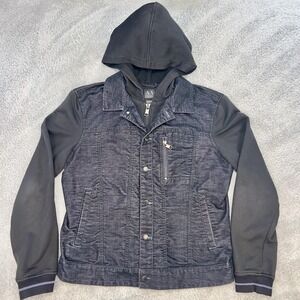 Armani Exchange Jacket Mens Large Black Denim Hooded Mixed Media Zip Snap Hybrid